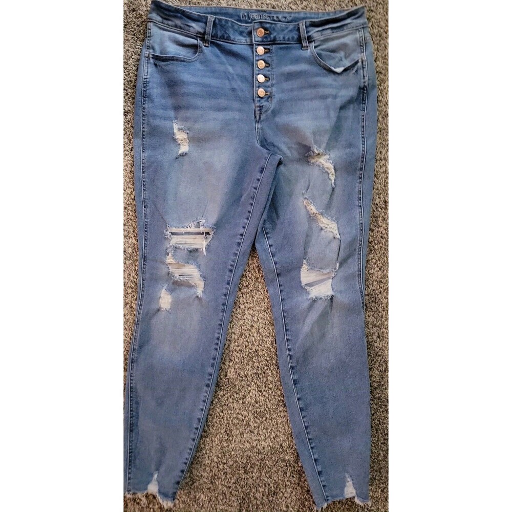 M Jeans Maurices Women's XL Tall Blue High Rise Skinny Denim Distressed Buttons